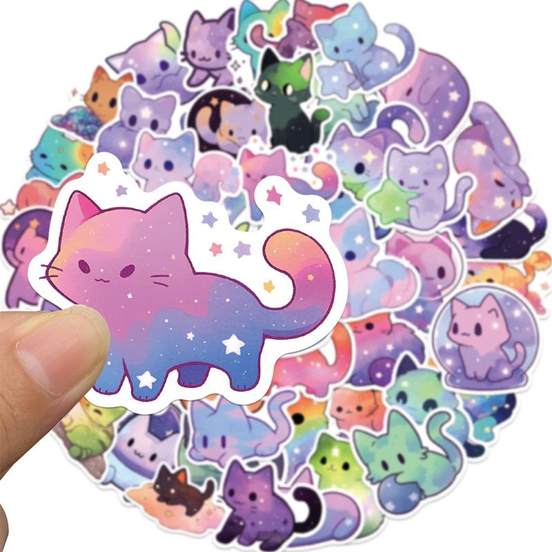 50PCS Cartoon Rainbow Starry Sky Cat Stickers Kawaii Space Cat Stickers,Galaxy Cate Stickers Aesthetic Cat Waterproof Stickers