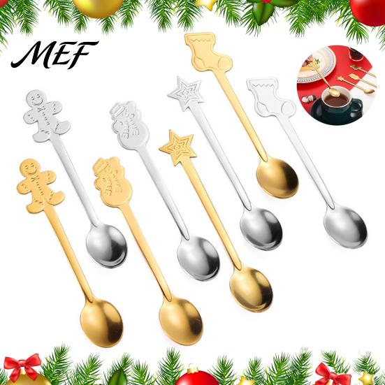 Long Handle Stirring Spoons 4Pcs Christmas Dessert Spoons, Stainless Steel Coffee with Gingerbread Exquisite Gift Boxed Man Star Stocking Snowman