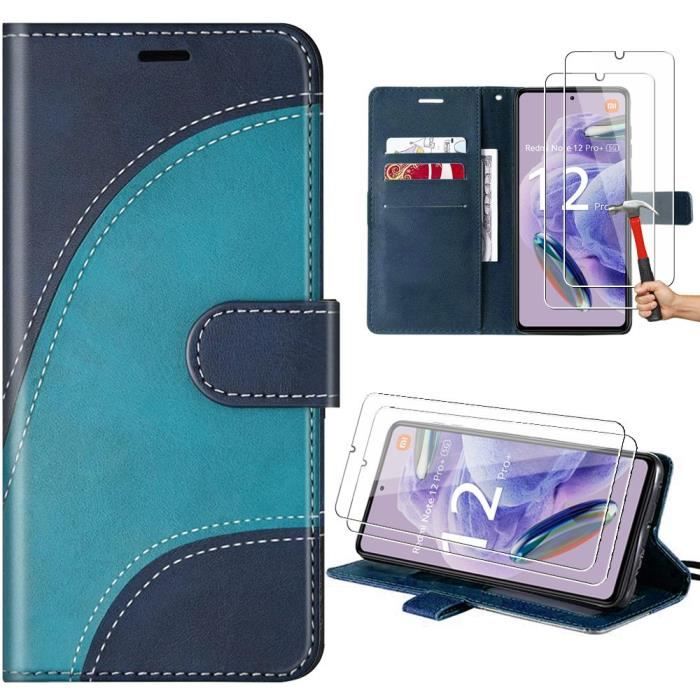 Coque - Xiaomi - Redmi Note 12 Pro+ 5G - Bleu - Etui en Cuir PU - 2 Verres Trempés