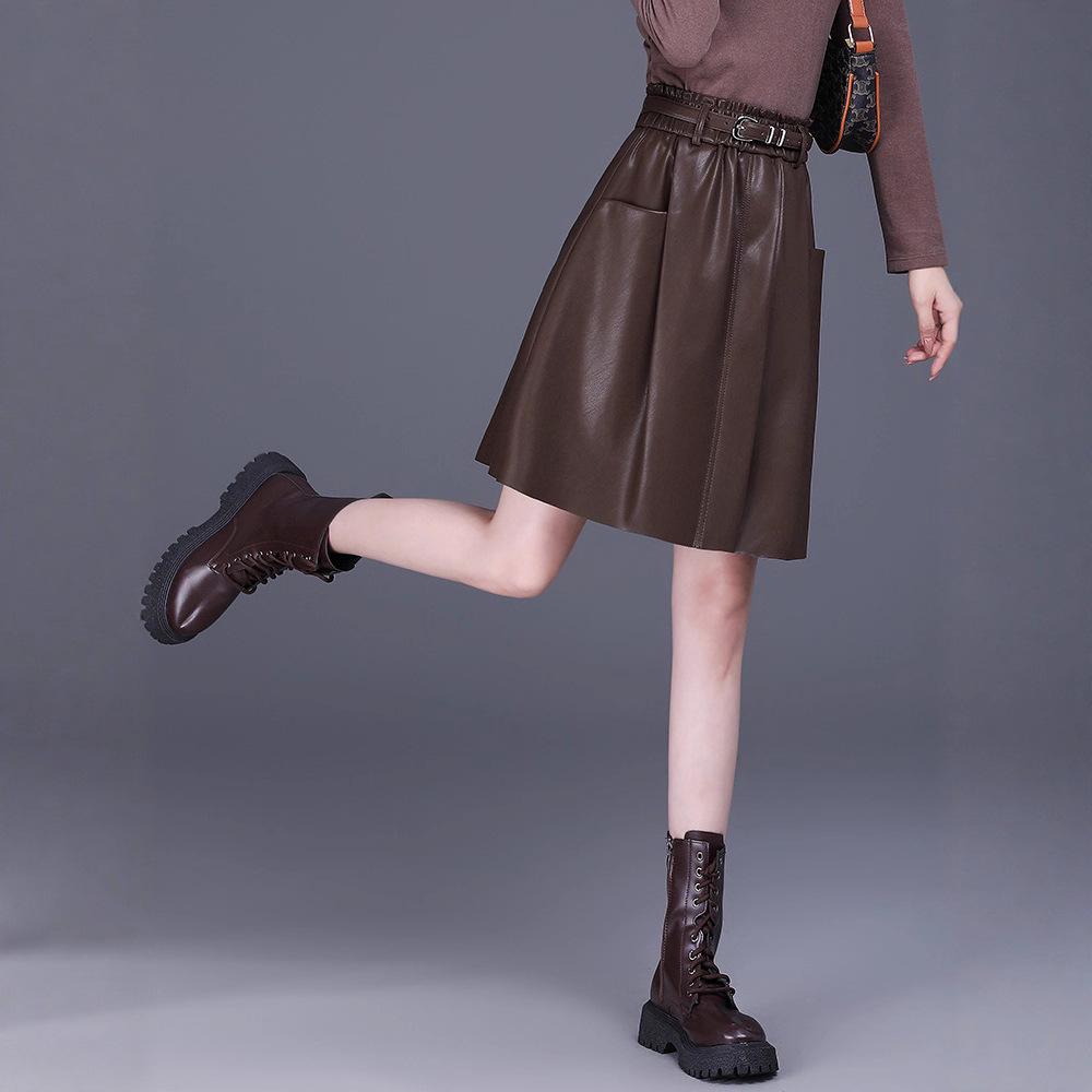 High-Waisted A-Line Leather Skirt for Women, Autumn/Winter, Pleated Lambskin Midi Skirt, Age-Defying & Classic Design