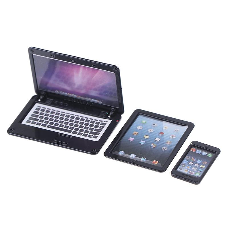 3Pcs/Set Simulation Mini Laptop Computer Tablet Cell Phone Dollhouse Miniature 1:12 Alloy Crafts Dollhouse Decor DIY Accessories