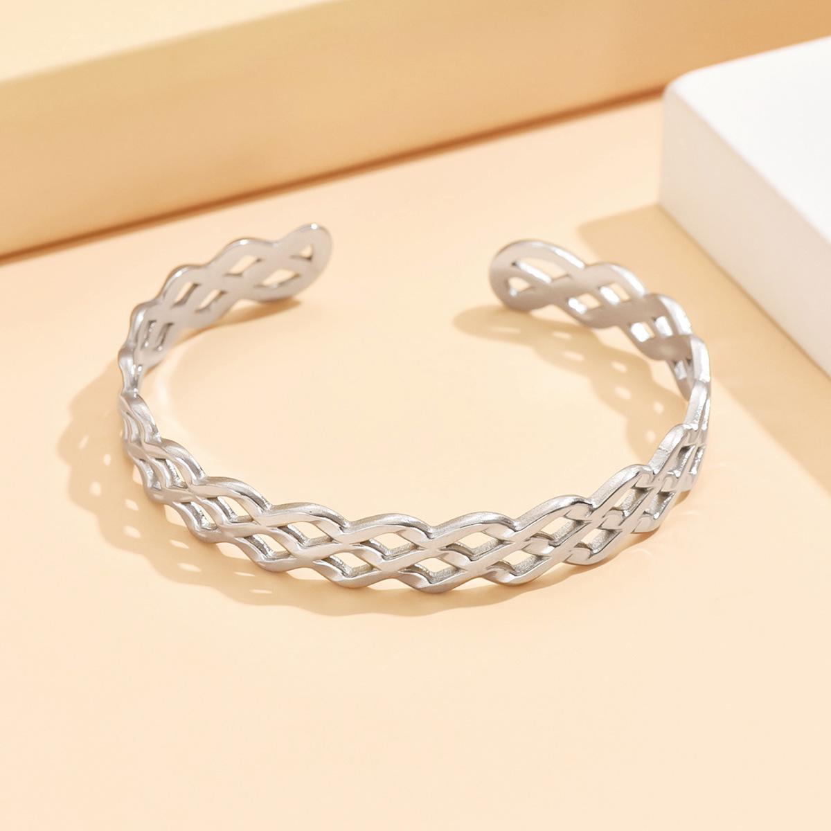 18K Gold-Plated Open Adjustable Stainless Steel Textured Bracelet