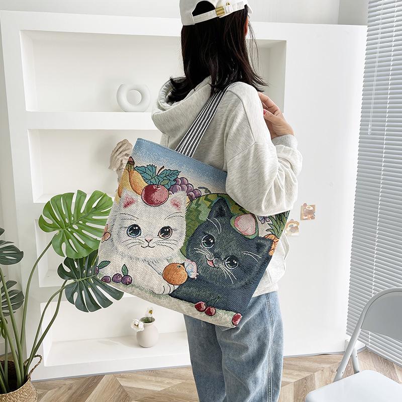 Portable Jacquard Bag Kitten Large Embroidered Canvas Bag Shopping Fashion Shoulder Women's Bag Tote Bag