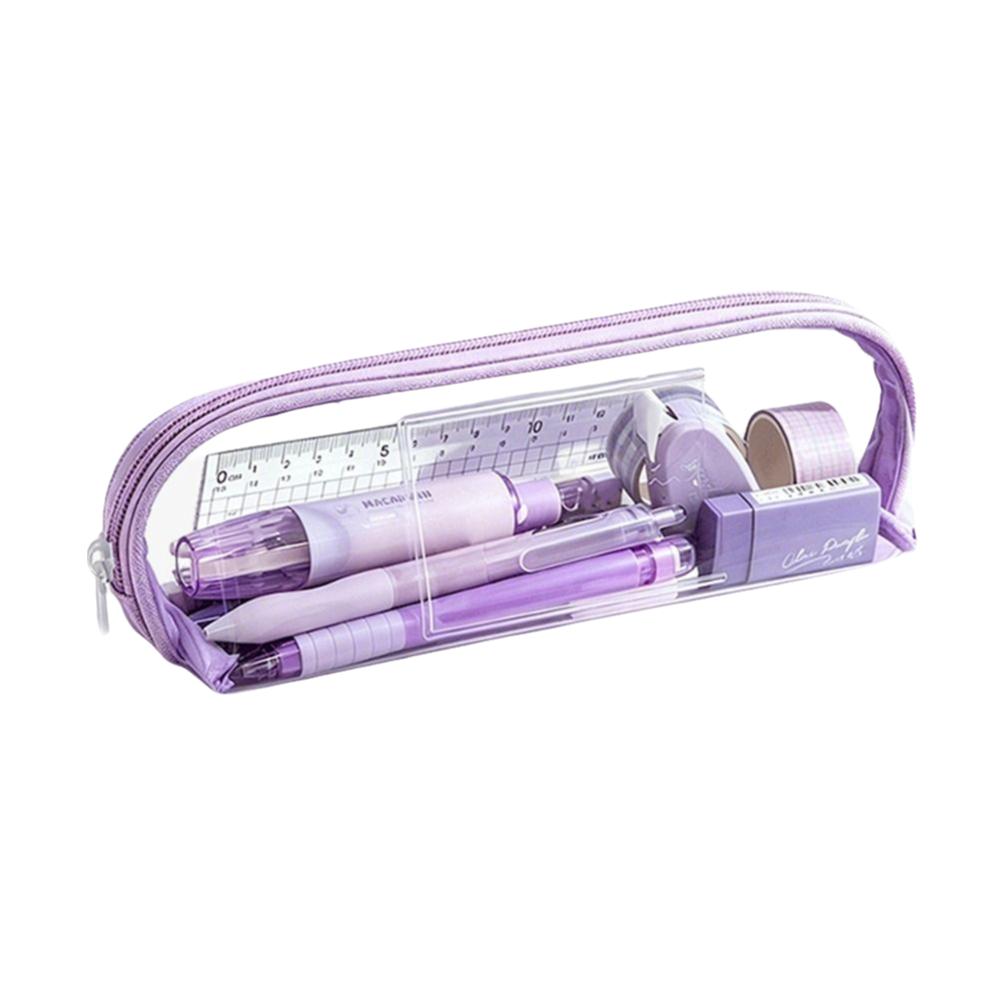Double Layer Exam Stationery Bag TPU Clear Pen Pouch Transaprent Student Pencil Bags Student фиолетовый