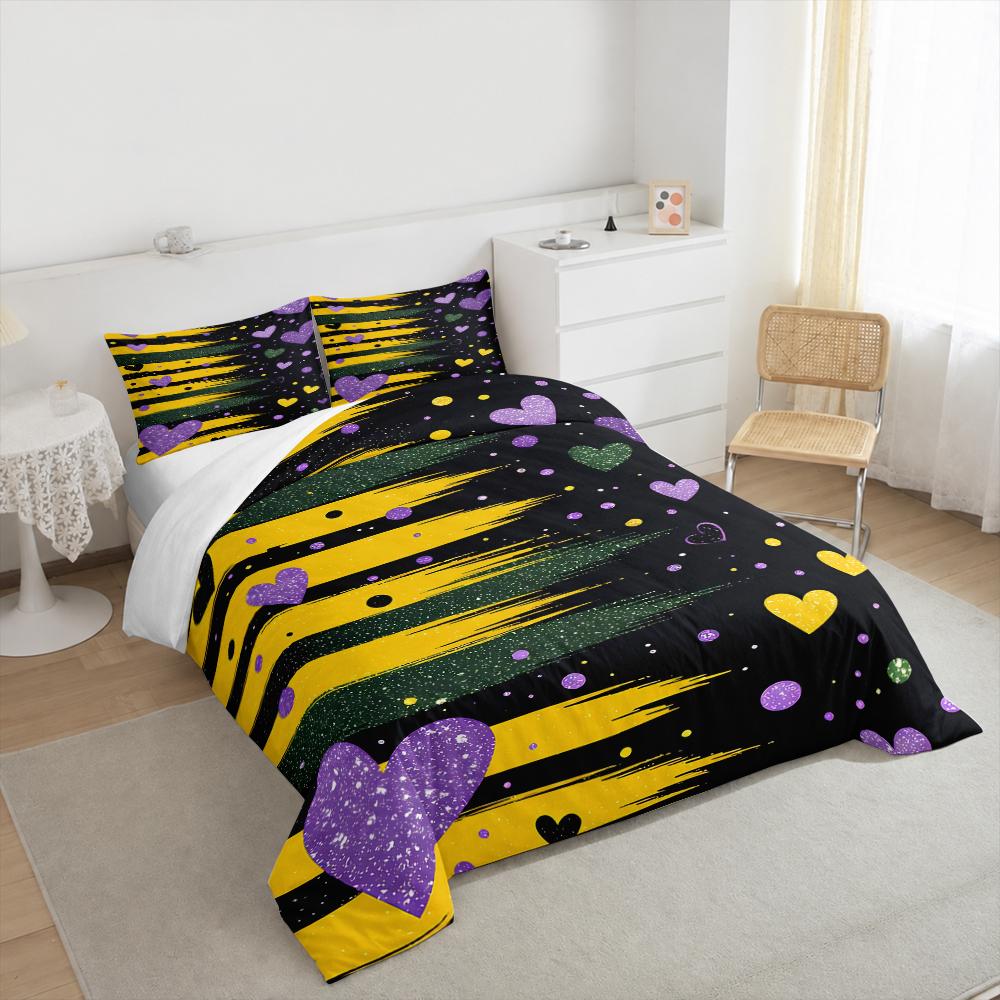 3 Piece Bedding Set Purple Hearts Yellow Green Brush Stroke Stripes Glitter Abstract for Adult Room Home Decor