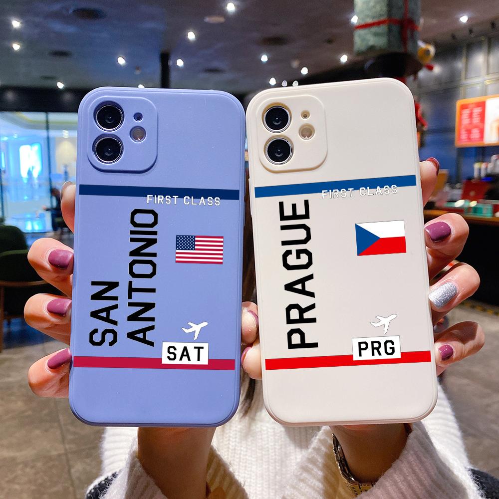 

Travel Airplane Ticket Art Square Liquid Silicone Phone Case For iPhone 14 11 12 13 Pro Max Mini X XS XR 7 8 Plus SE2 DIY Cover