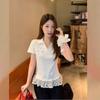 Women's Summer Retro Polo Collar Tee with Sweet Bow and Lace