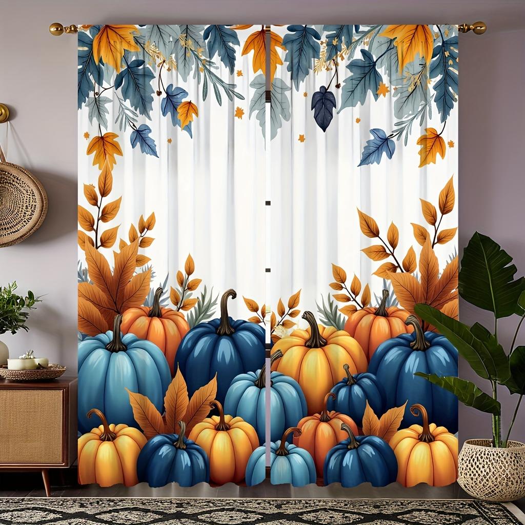 2pc Pumpkin and maple leaf print curtains   polyester fabric   machine washable   suitable for bedroom and living room decoration
