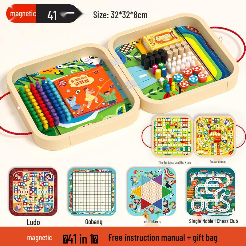 Multifunctional Wooden 7-in-1 Educational Game: Flying Chess & Checkers Set for Kids