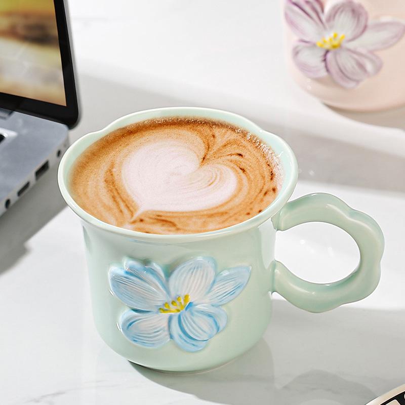 Color Glaze Embossed Small Flowers Ceramic Cup Ins Style Cute Pastoral Feng Shui Cup Breakfast Mug Souvenir Small Gift