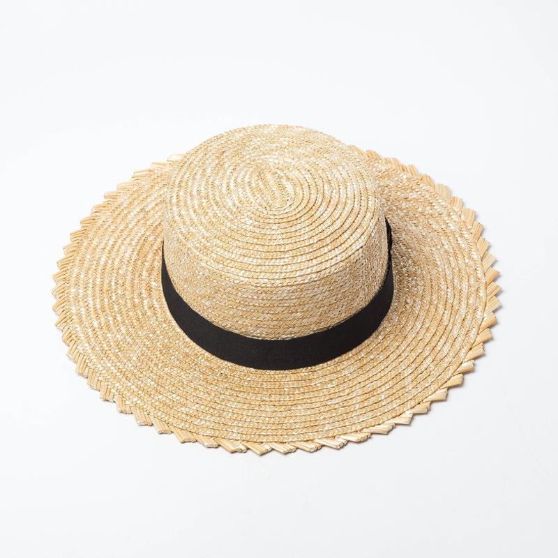 Spring and summer new fashion pattern wavy edge straw straw flat top top hat, webbing decorative sunshade beach flat top straw hat