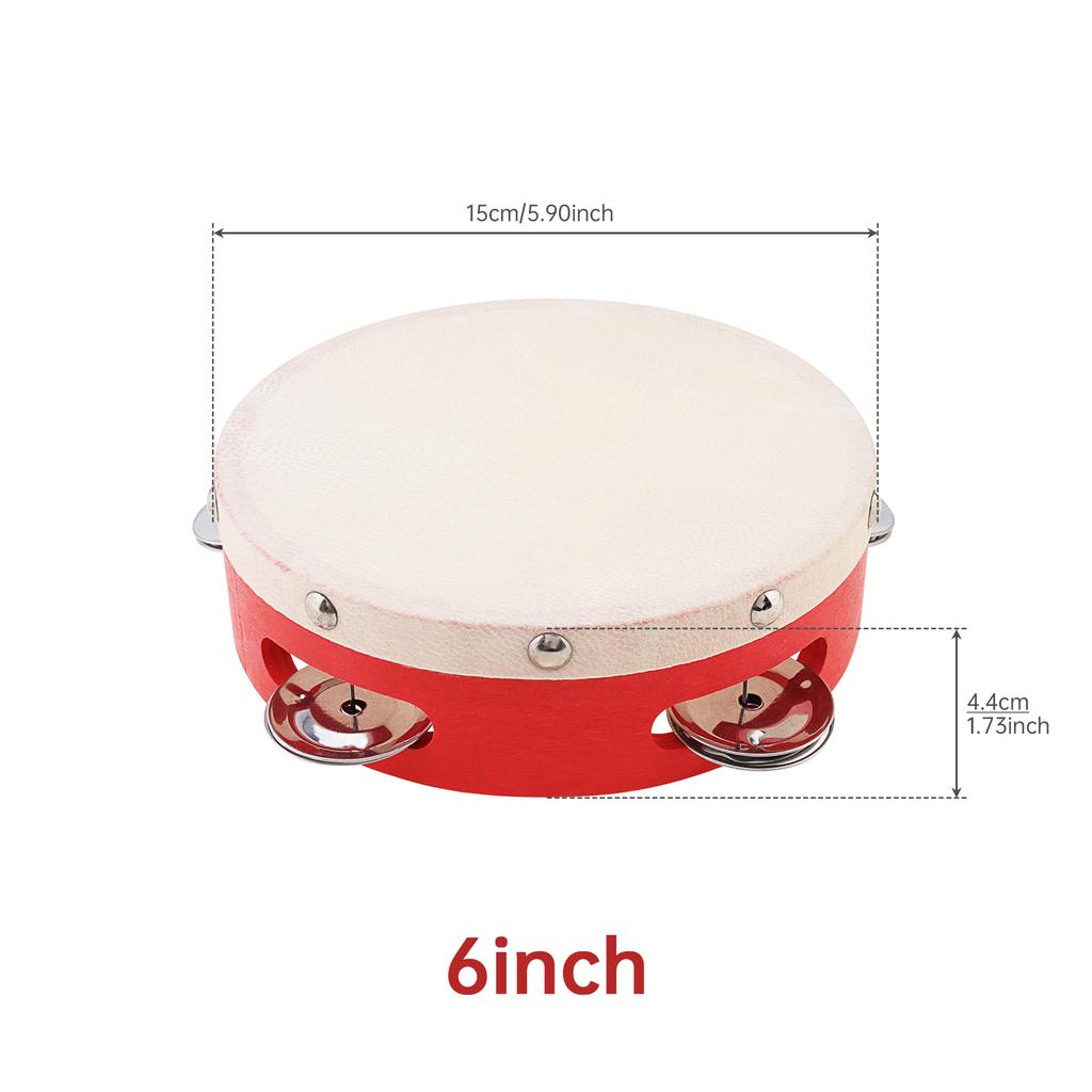 6 / 8 / 10 Inch Sheepskin Drumhead Wood Tambourine For Church Party KTV Wedding, Single Row Jingle Bells Red Hand Drum