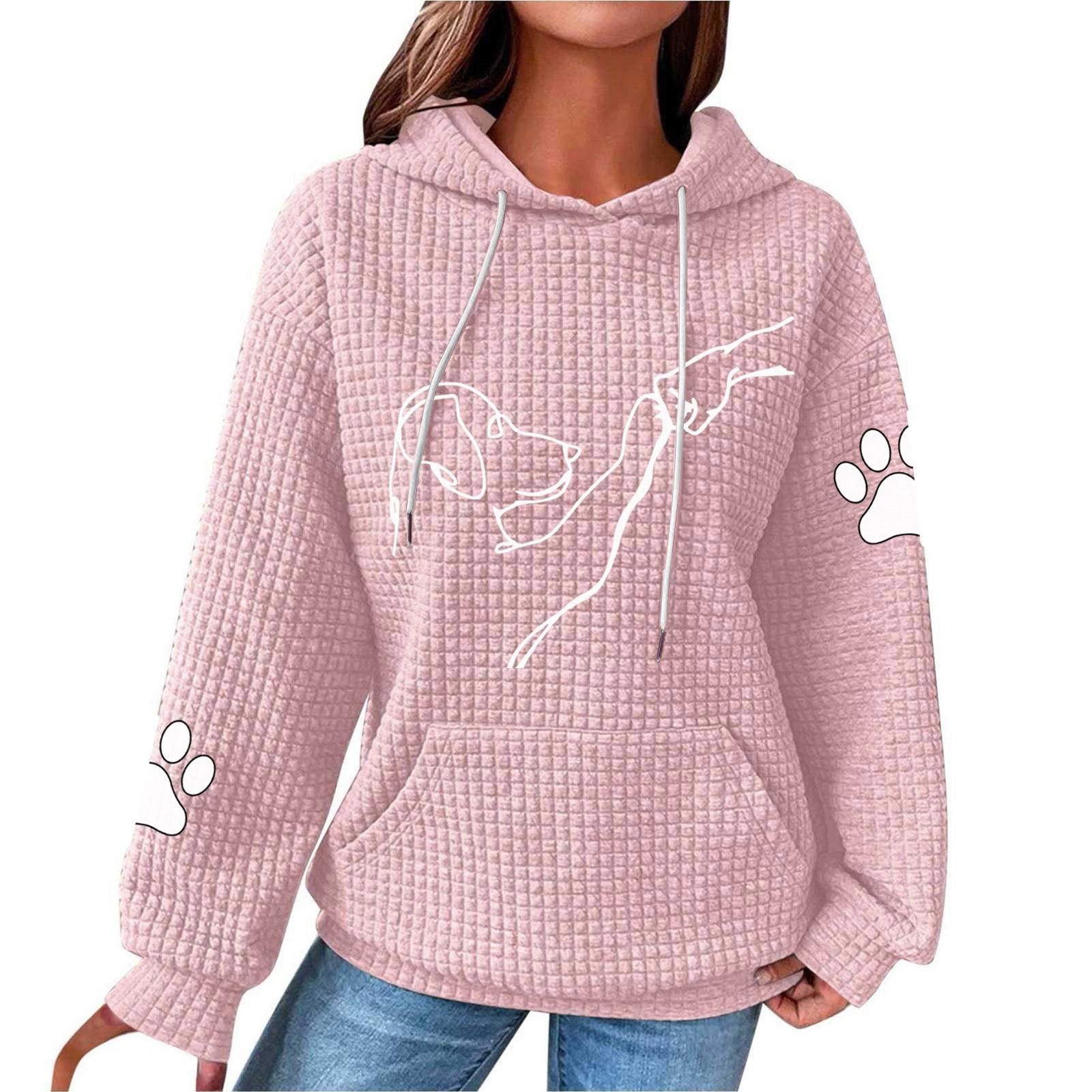 

Жіночий модний вільний джемпер з капюшоном і довгим рукавом із принтом собаки, клаптева плед-топ з капюшоном XL рожевий