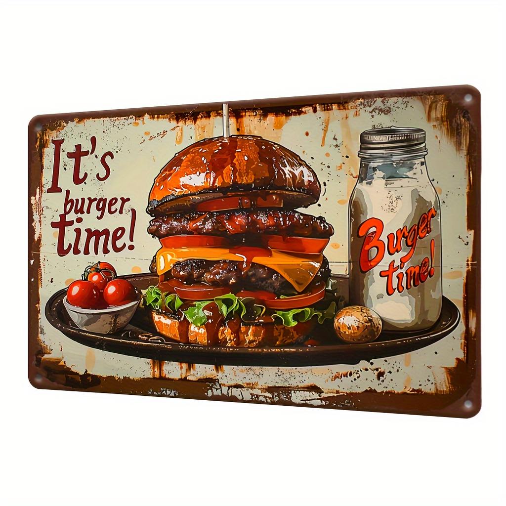 Its Burger Time Vintage Metal Sign Retro Food Wall Art American Diner Decor D Flat Print Bar Cafe Gift Plaque