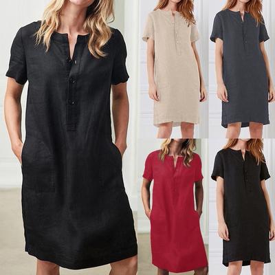 Mode Damen Freizeit Locker Sexy Farbe Baumwolle Leinen Kurzarm Kleid