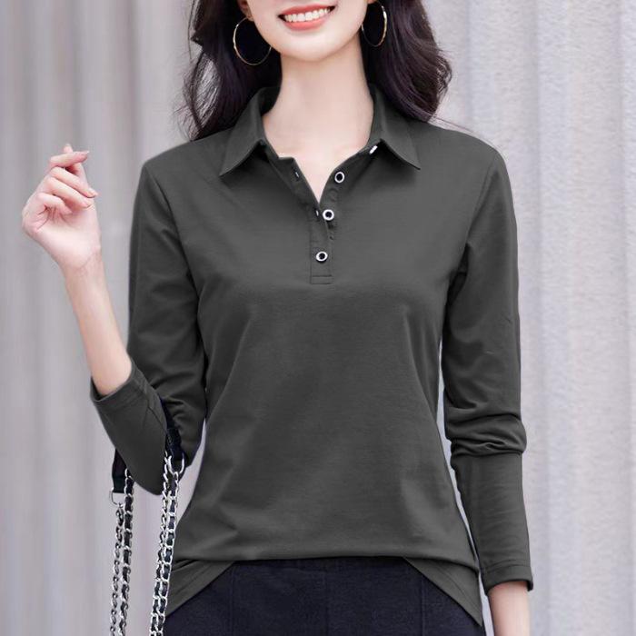 Women's Long Sleeve Polo Shirt Turn Down Collar Casual Solid Color Basic Top