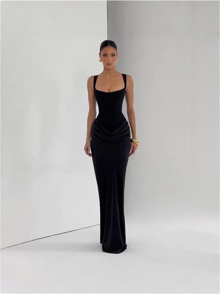 European Spring 2026 Square Neck Sleeveless Slim Fit Ruffle Dress