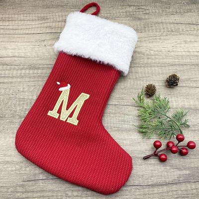 High-End Red Christmas Knitted Stockings with 26 Letters for Gifts & Decorations