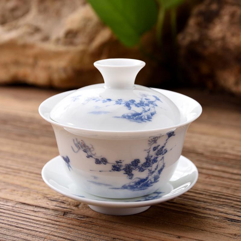 3.4-Inch Blue & White Ceramic Gaiwan Tea Set - 3-Piece, 100ml Capacity