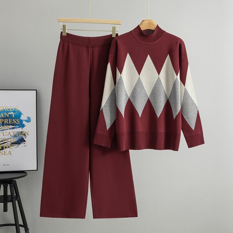 Women's Autumn/Winter Knitwear Set: Cross-Rhombus Half-High Collar Sweater with Wide-Leg Pants Fashion Two-Piece.