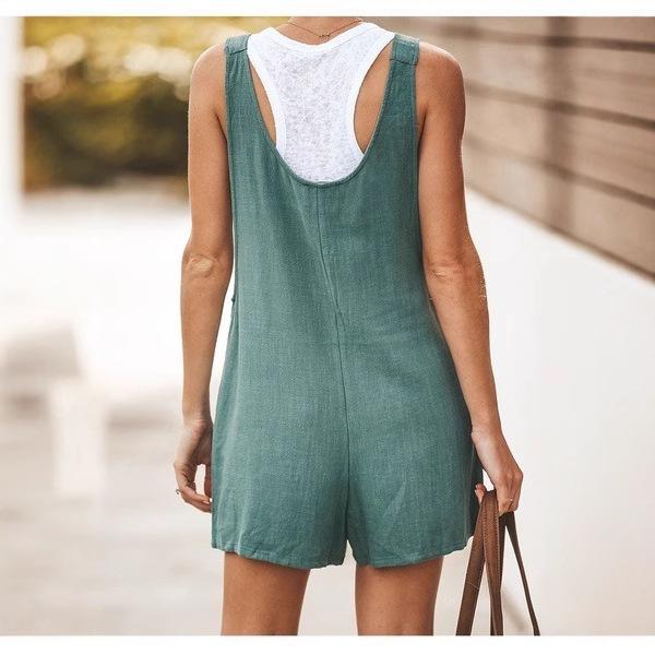 women's Linen Blend Tie Knot Strap Button Front Pocketed Loose Short Overalls Bib Shorts