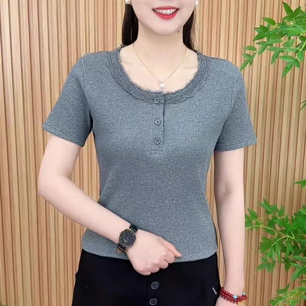 2025 Summer Fashion New Simple Solid Color Lace Round Neck Short Sleeve Versatile and Thin T-shirt Trend