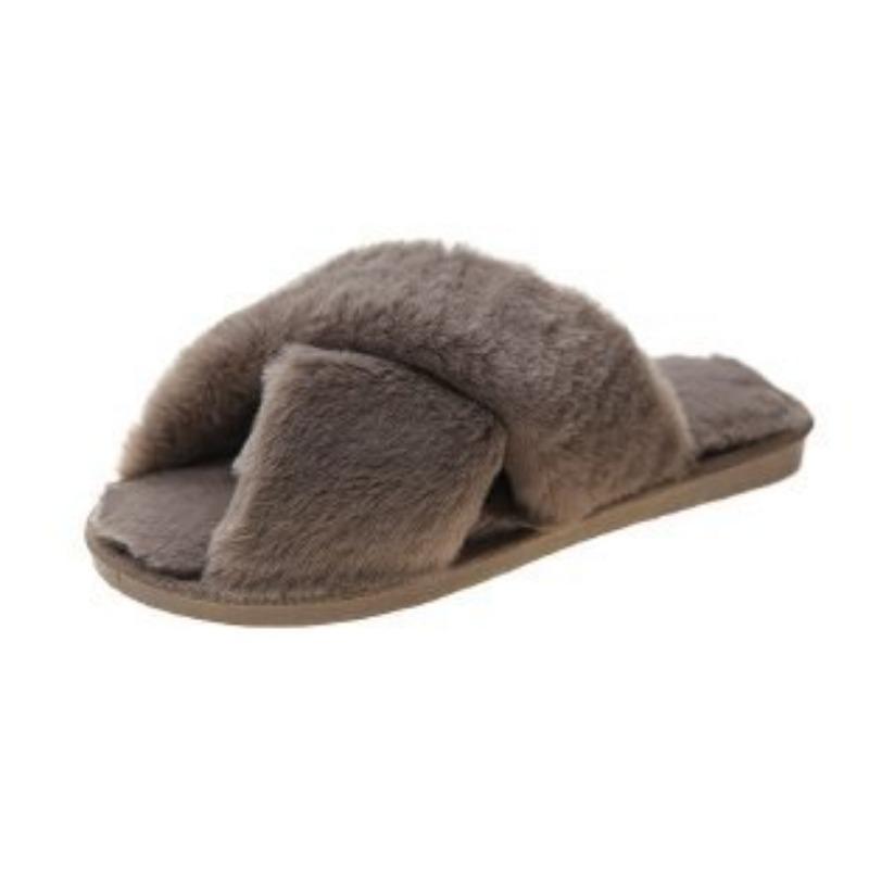 Large Size Fluffy Slippers Women's Autumn and Winter New Flat Bottom Home Indoor Cross Plush Cotton Mop
