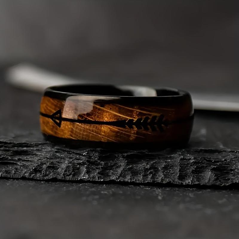 Fashion 8mm Black Stainless Steel Arrow Rings For Men Hawaiian Koa Wood Inlay Rings Men Wedding Band Jewelry Wholesale