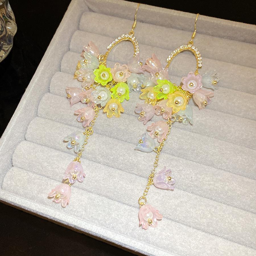 Crystal Pearl Flower Tassel Ear Hook Sweet Elegant Wholesale Jewelry
