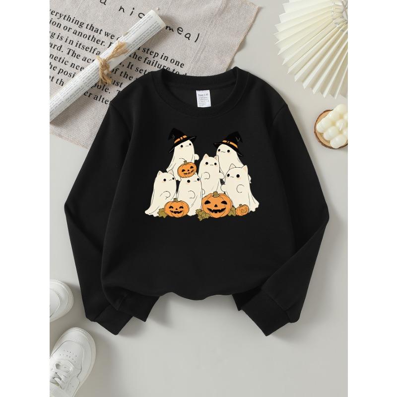 European Sizes Girls' Halloween Long-Sleeve Round-Neck Fun Print Casual Top, Kids' Autumn Clothing, for Trick-Or-Treat Parties.