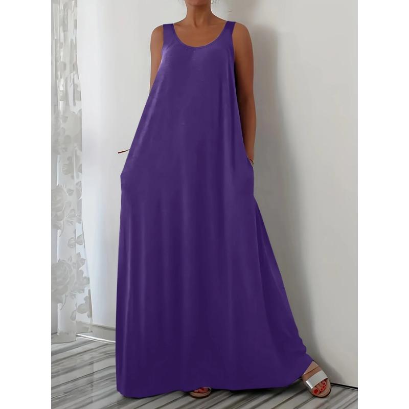 Damenkleid Sommer Einfarbig Übergröße Strand Langkleid Lässig Seitentasche Ärmelloses Kleid