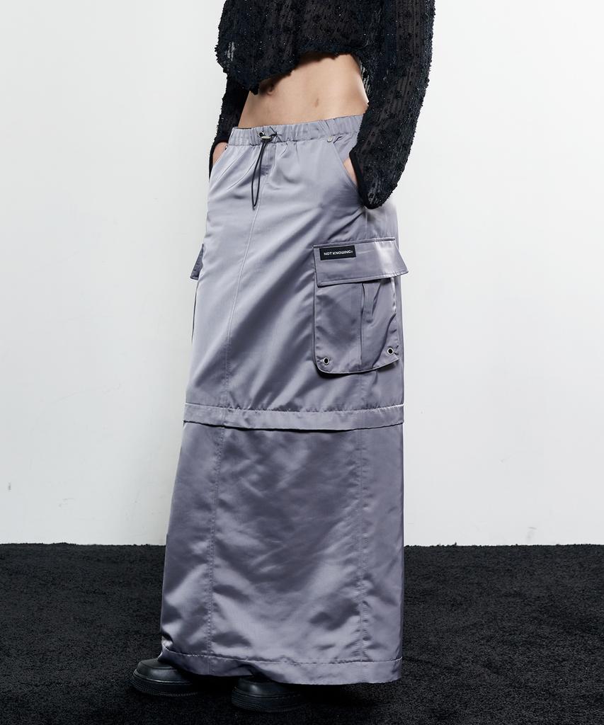 Nasnoing 2-Way Satin Maxi Cargo Skirt (Steel Gray)