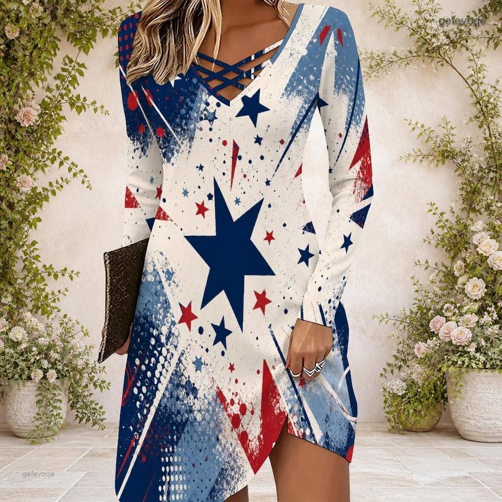 Women Cross V Neck Long Sleeve Dress Purple Pink Galaxy Swirl Print Irregular Hem Dress