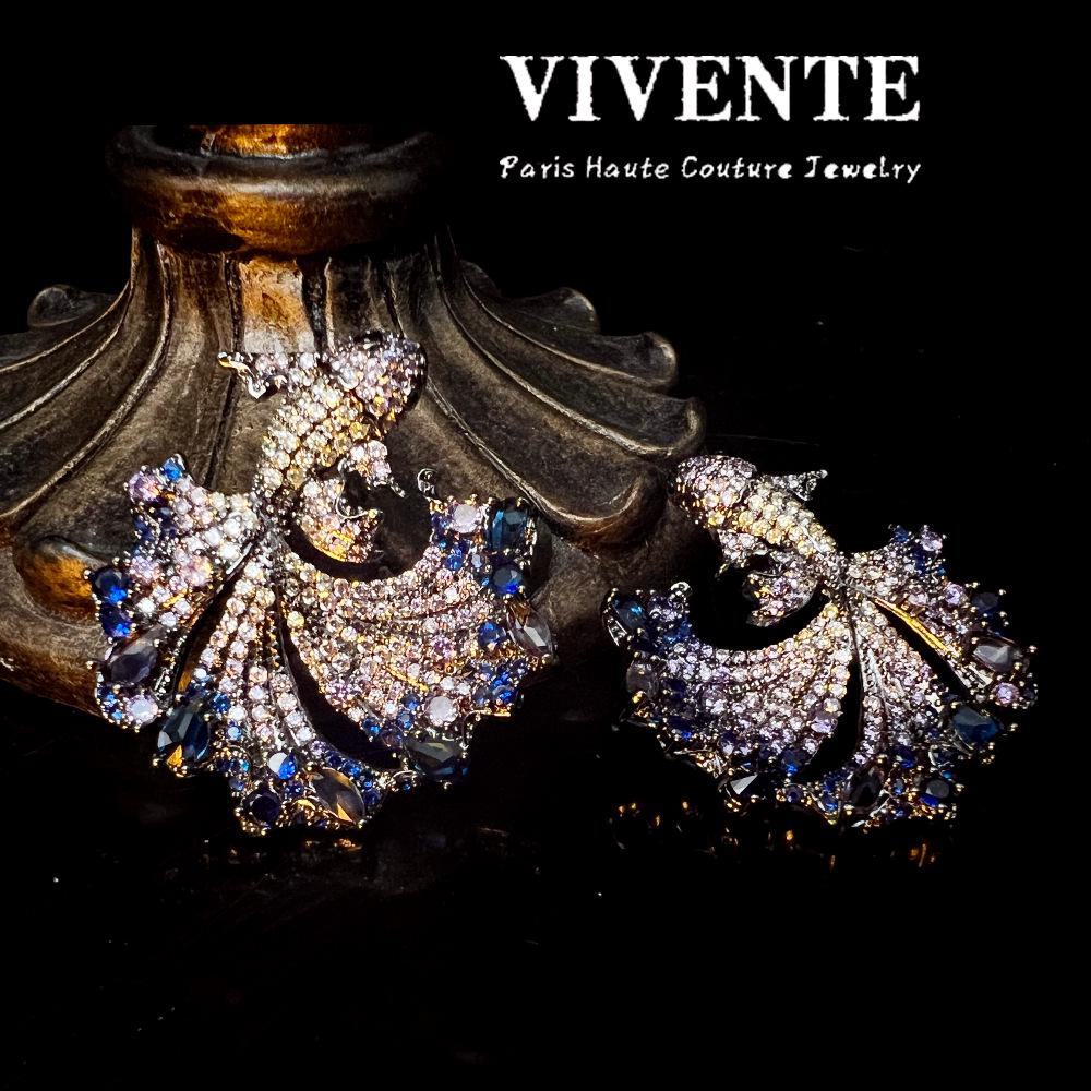 Blue Whale Earrings: Rhodium-Plated S925 with Zircon, High-End Runway Style