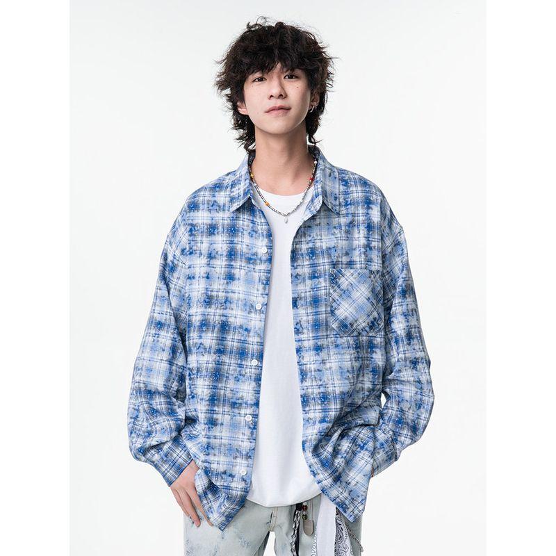 Wassup Trendy Tie-Dye Plaid Shirt for Men, Spring and Summer American Vibe Long-Sleeve Work Shirt, High Street Casual Jacket