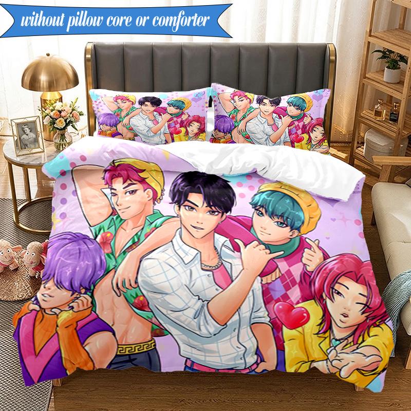 Colorful Kpop Cartoon 3pcs K-pop Music Group Bedding set,Ideal for Bedroom, Dormitory,Including Duvet Cover And 2pcs Pillowcases,Fan Gifts