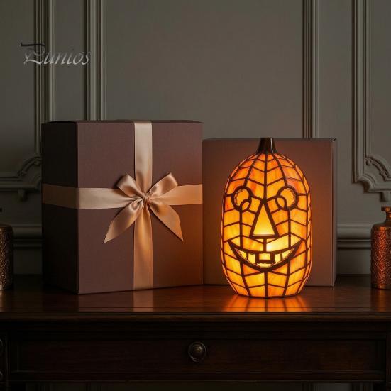 Unique Handmade Art Gift Stained Glass Pumpkin Lamp, Halloween Fall Table Lamp with Warm Glow, Crafted Resin Lantern USB Powered Orange Accent