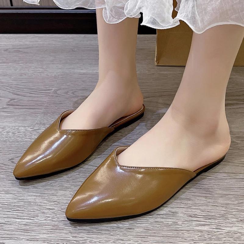 

2024 модная женская обувь, неглубокие женские тапочки, осенние однотонные повседневные тапочки на плоской подошве с острым носком, большие размеры, Zapatos De Mujer