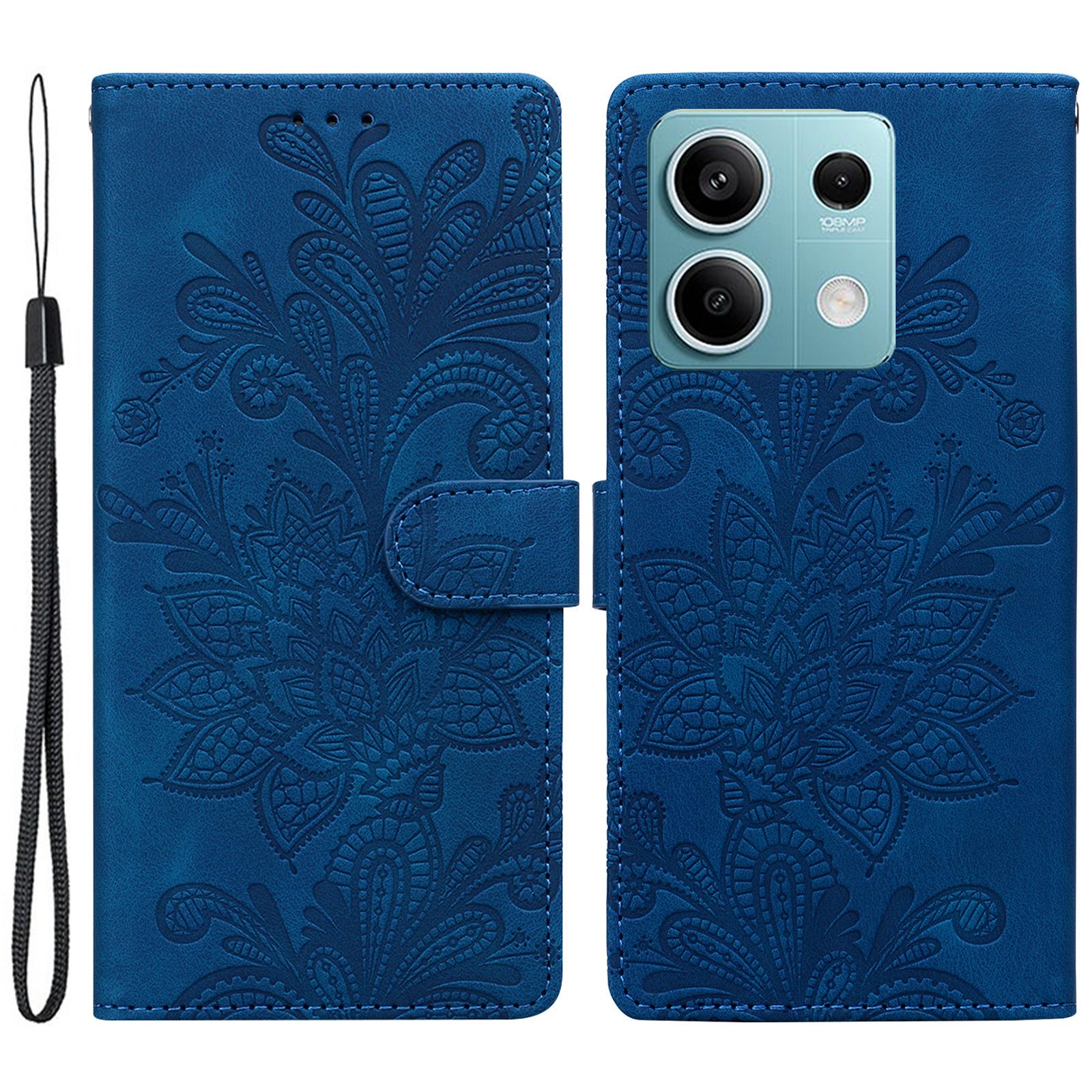 

For Xiaomi Redmi Note 13 5G Case Imprinted Lace Flowers PU Leather Wallet Phone Cover Dark Blue