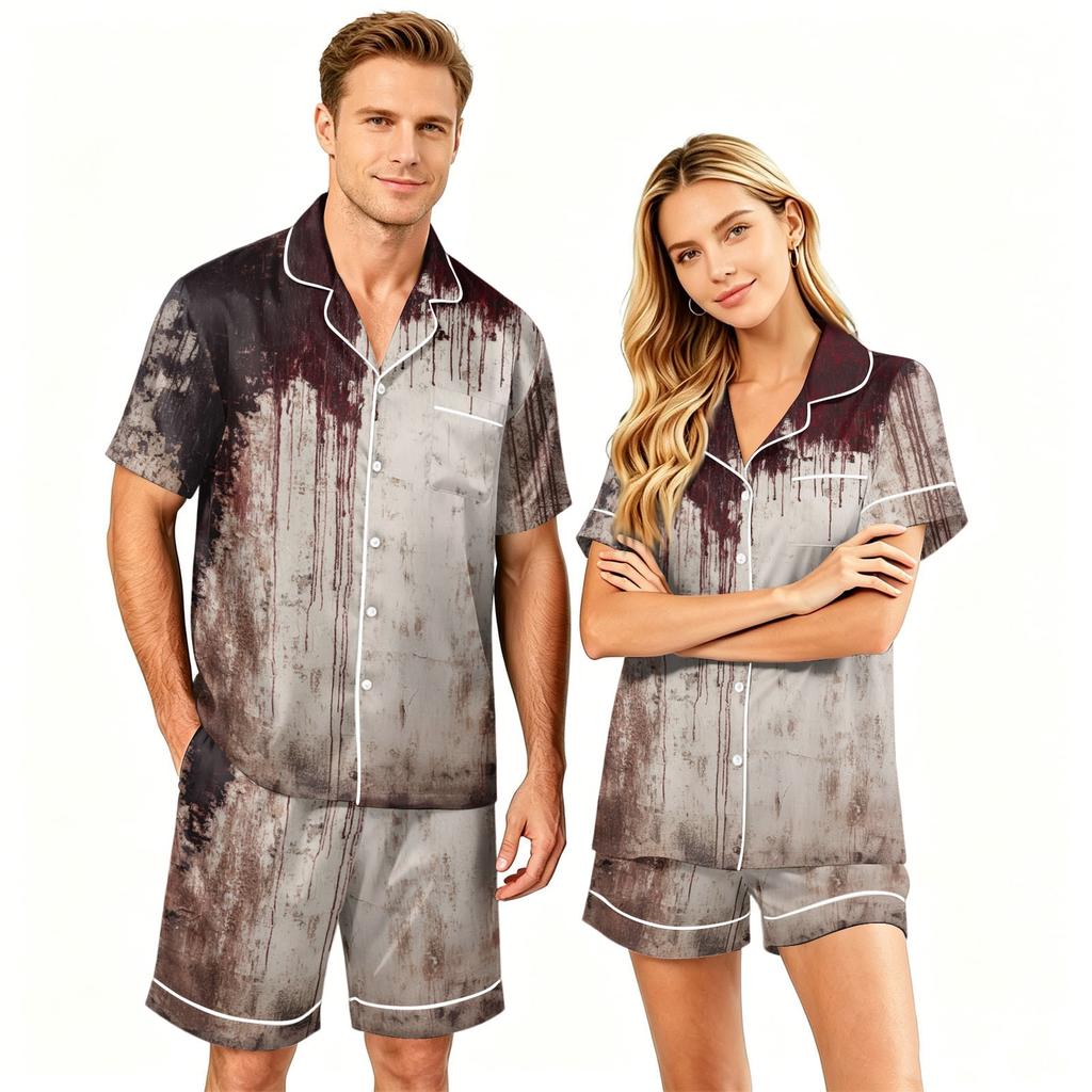 Couples Halloween Pajama Set Short Sleeve Button Down Shirt and Shorts Soft Casual Sleepwear S to XXXXL Matching Loungewear