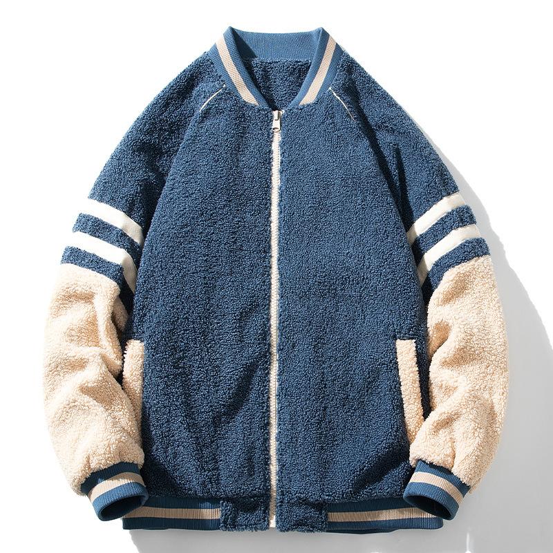 Men's winter new lamb wool harbor style splicing baseball jersey men's and women's loose couple ins jacket student