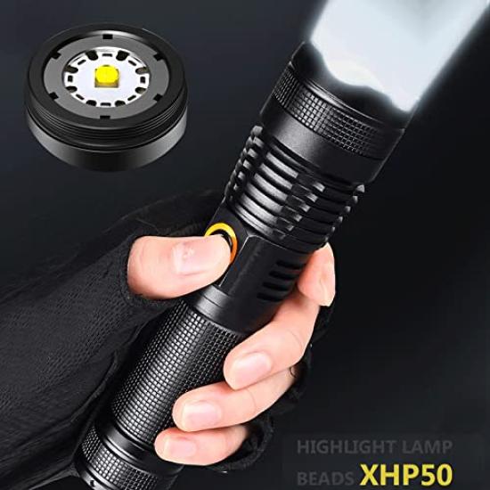 USB Rechargeable Ultra Bright XHP70 8000 Lumens LED Torch 5 Modes for Outdoor Emergencies Flashlight, Flashlight, Light, Zoomable, Waterproof, Hiking,