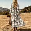 Bohemian Floral Print V-Neck Linen Blend A-Line Maxi Dress With Tie Waist Lantern Sleeves