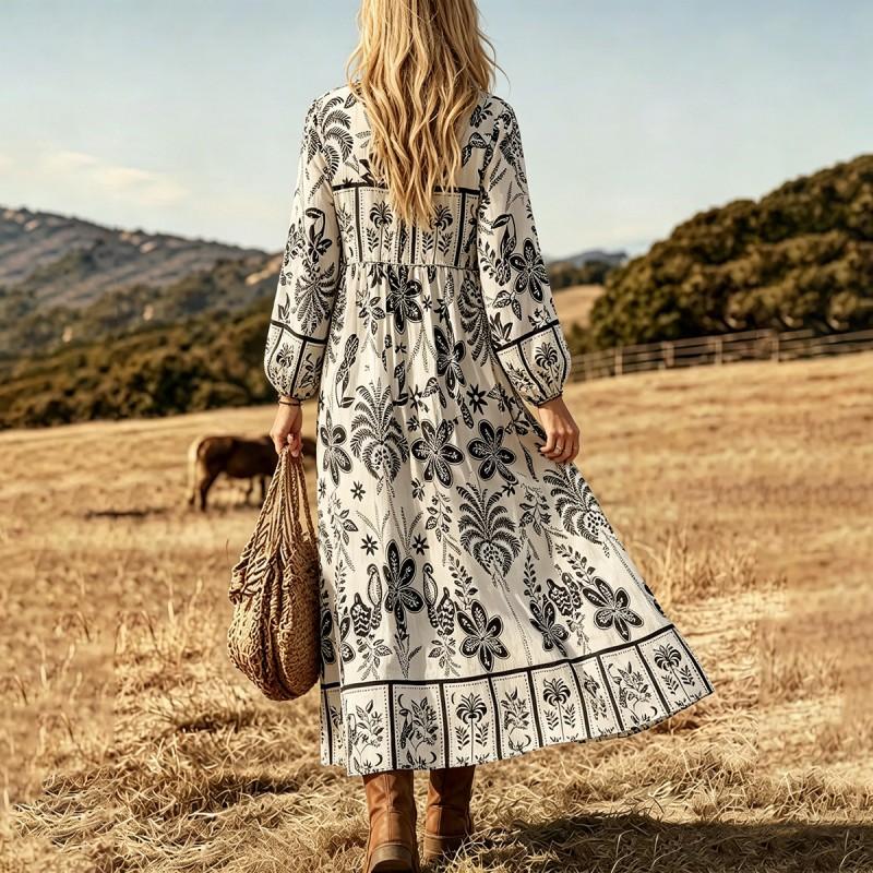 Bohemian Floral Print V-Neck Linen Blend A-Line Maxi Dress With Tie Waist Lantern Sleeves