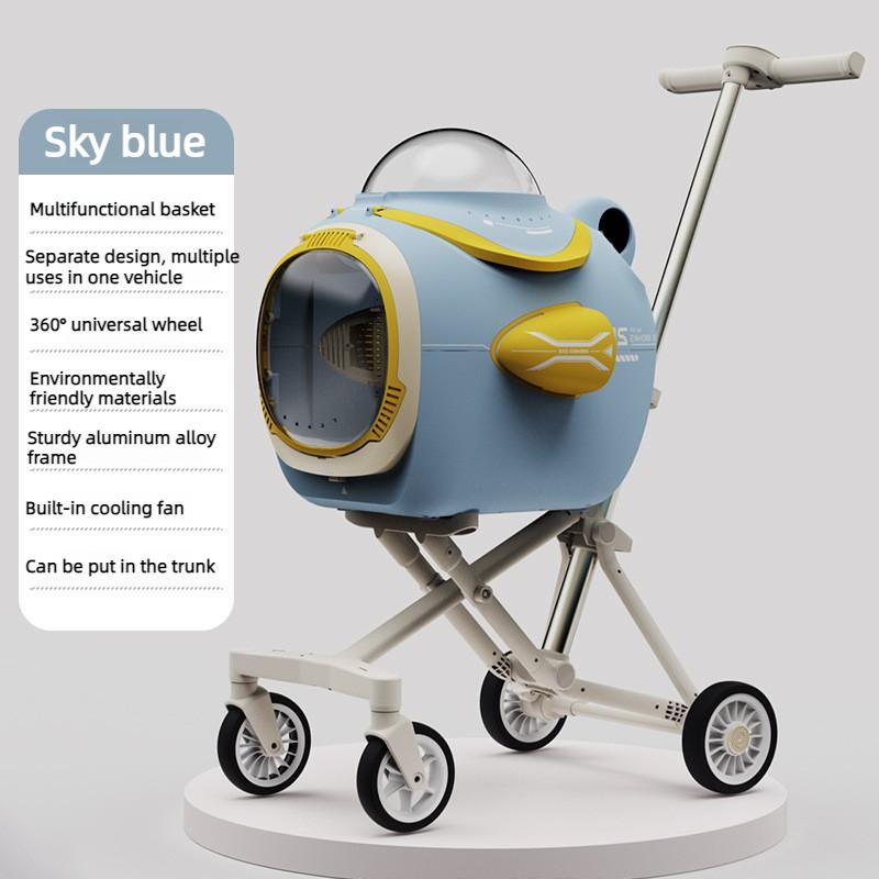 Portable Pet Travel Stroller Ventilation System Temp Display Aluminum Frame Cat/Dog Carrier 360° Wheels for Travel Pet Products синий