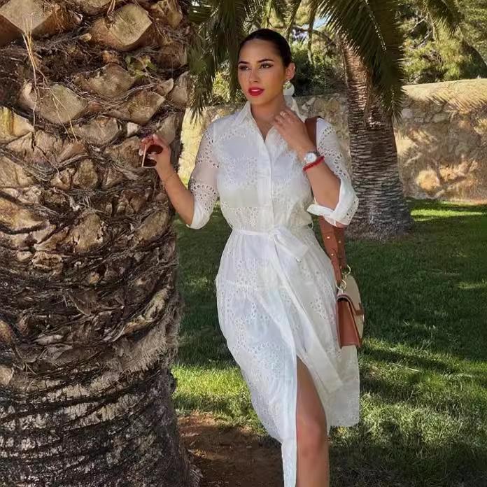 Hollow Out Lace Shirt Midi Party Dress Women Costume With Belt Dance Wear Fashion Dresses Plus Size