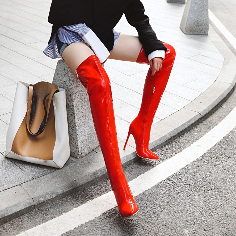Mote Røde Lårhøye Støvletter Kvinner Sexy Over Kneet Høy Støvel Vintersko Stripper Hæler Fetisj Fest Dansesko Stor Størrelse 45