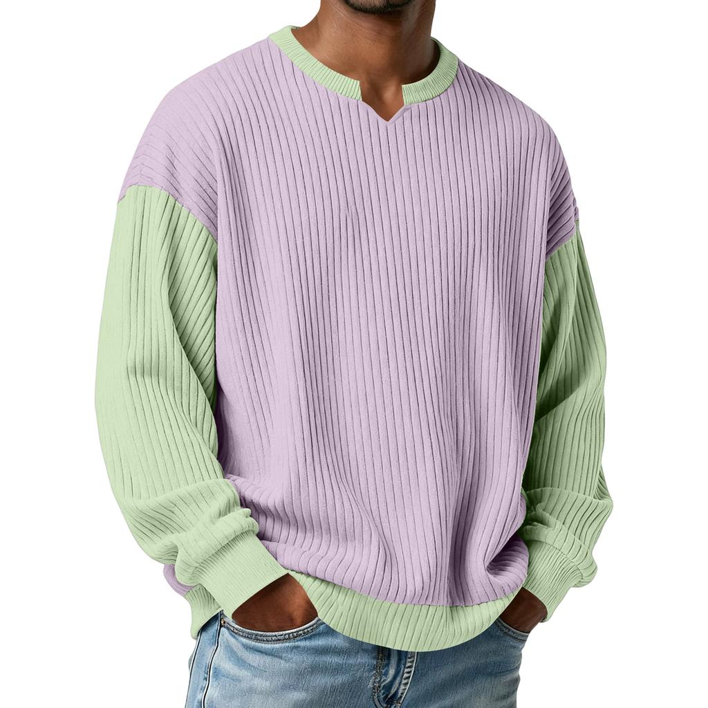 Men's Color,Blocked Stylish V,Neck Ribbed Textured Long,Sleeve T,Shirt