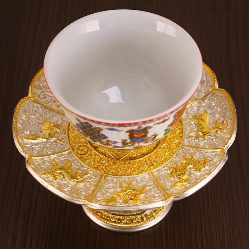 Silver Buddhist Tall Bowl Alloy, Tantric Holy Water Cup, Engraved Eight Auspicious Porcelain Bowl, Tibetan Desktop Decorative