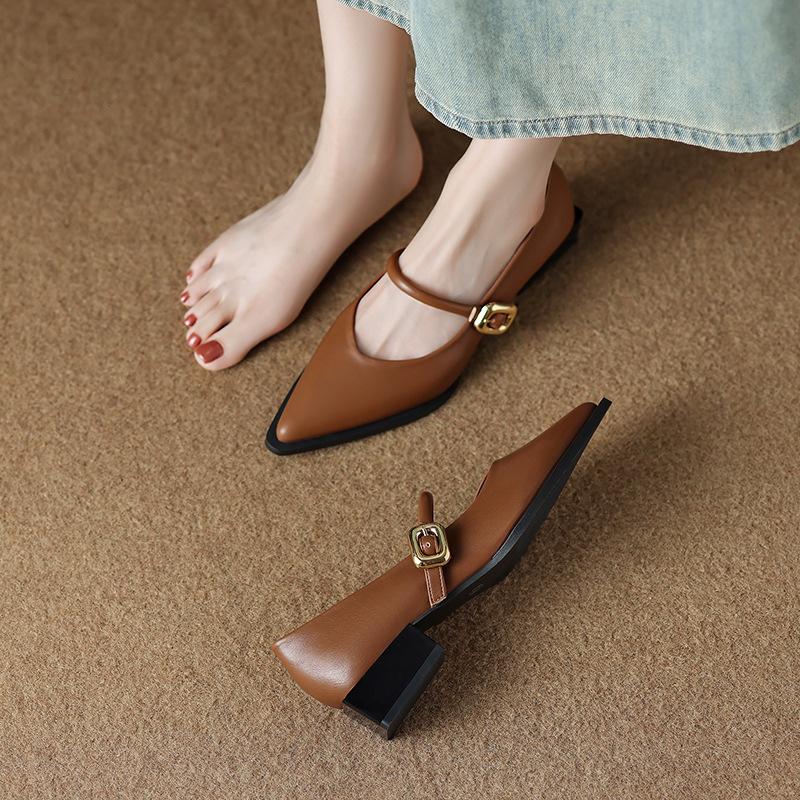 

73598-3 French 3 cm low-heeled pointed single shoes 2025 spring and autumn standing for a long time not tired soft-soled shoes women 39 коричневый
